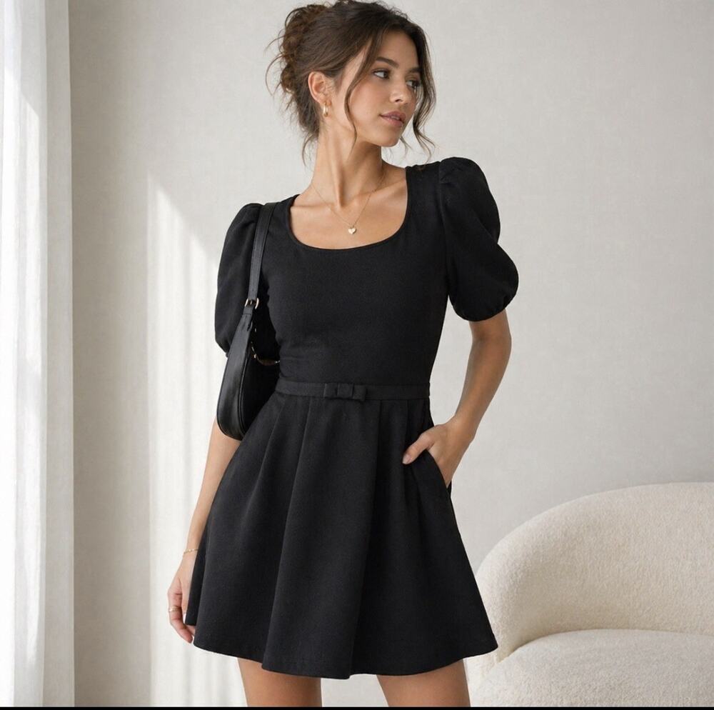 Juicy Couture Sz L Blk Ponte Pleated Pockets Puff Slv Waist Gross Grain Ribbon
